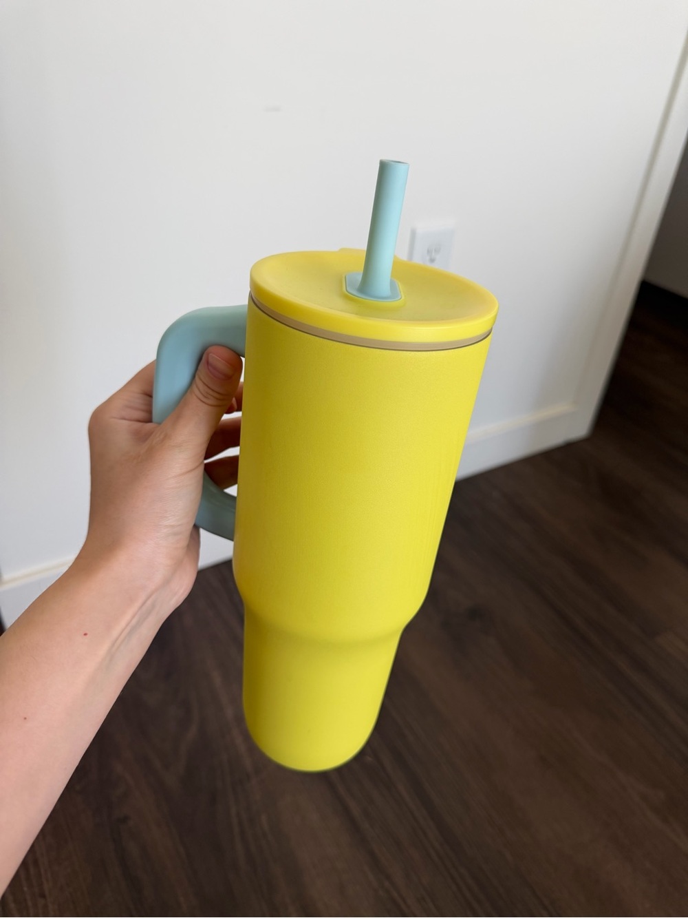 Yellow and Light Blue Insulated Travel Tumbler with Handle and Straw